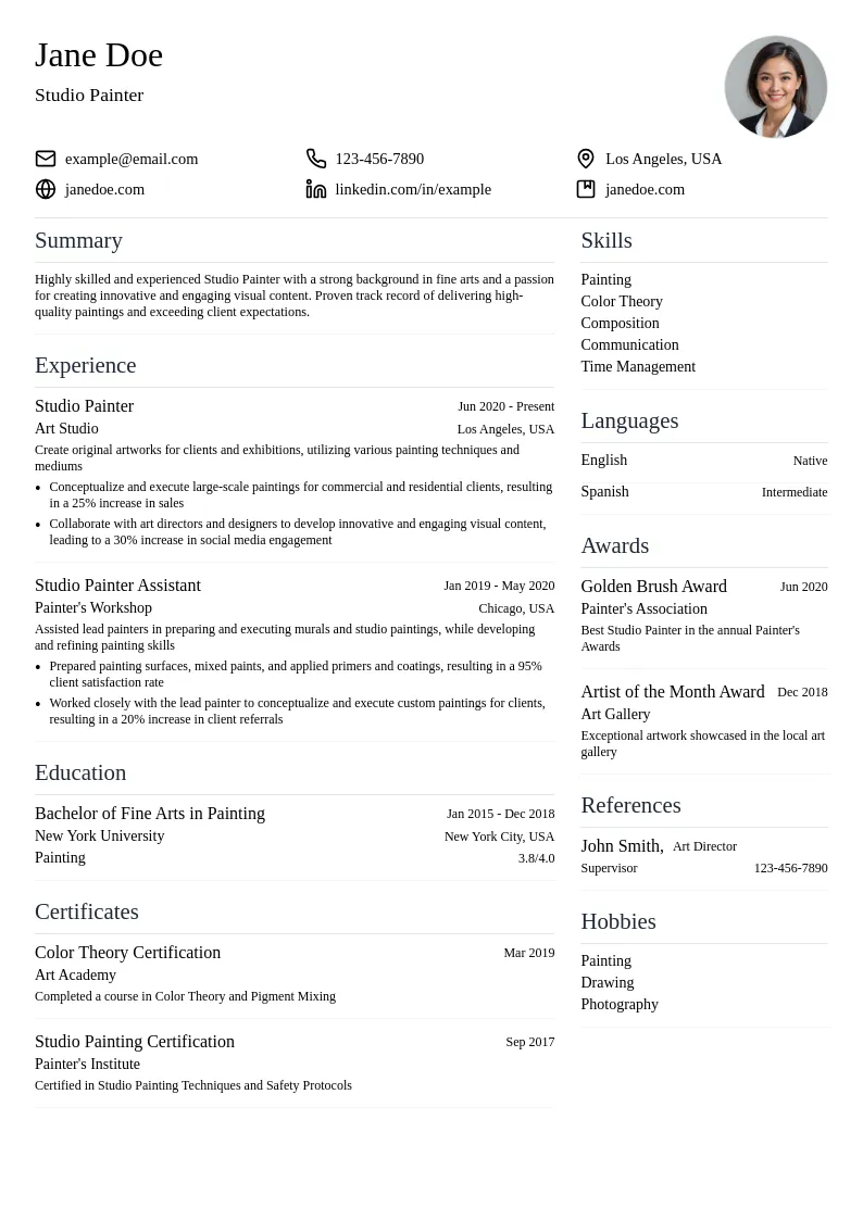 Studio Painter resume example