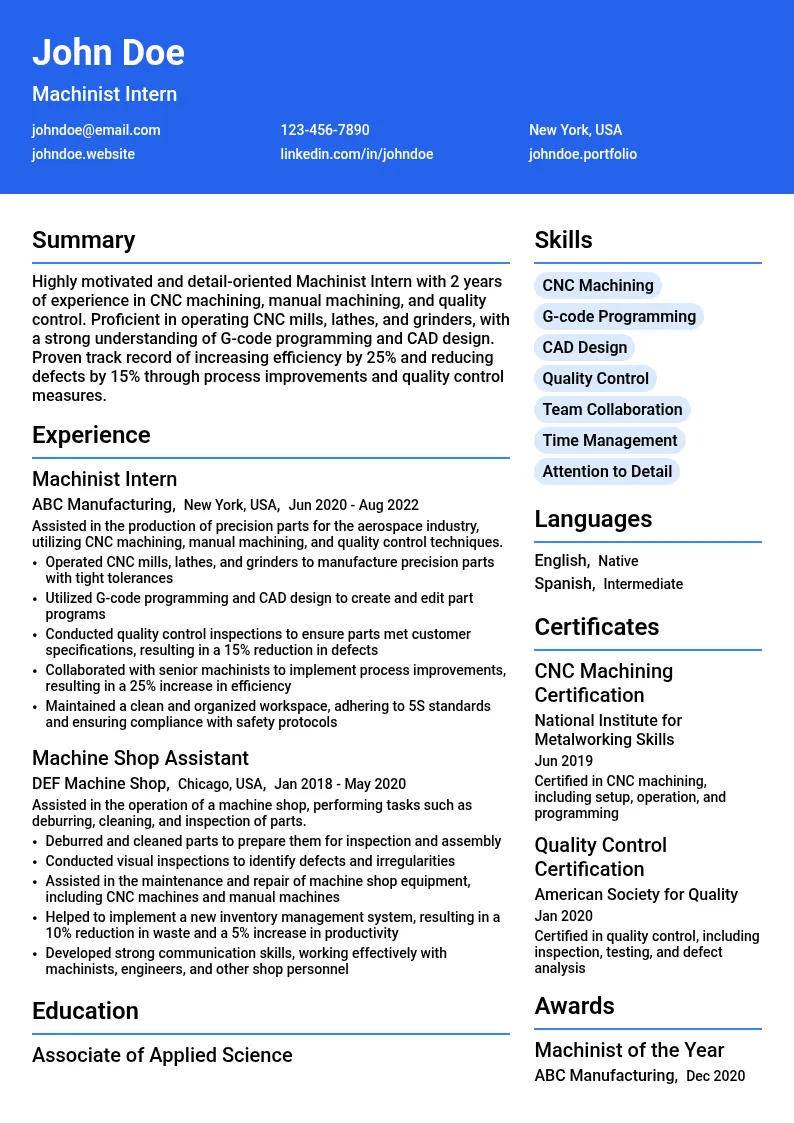 Machinist Intern resume example