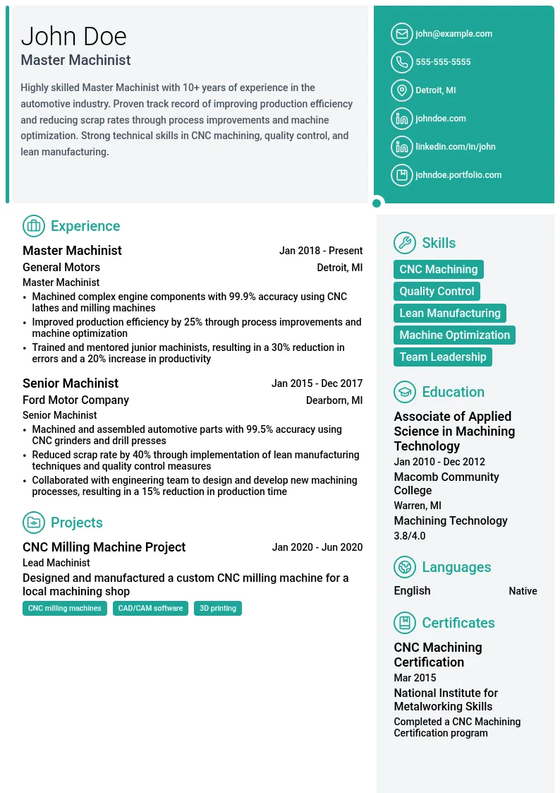Master Machinist resume example