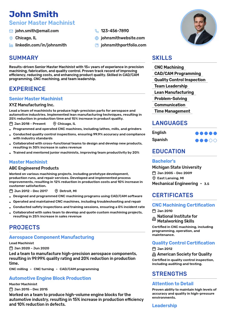 Senior Master Machinist resume example