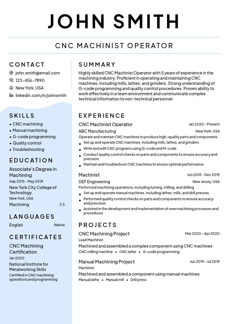  CNC Machinist Operator resume example