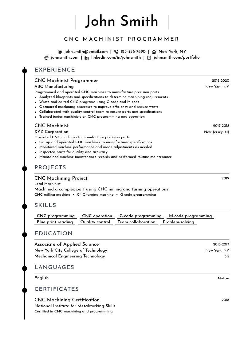  CNC Machinist Programmer resume example