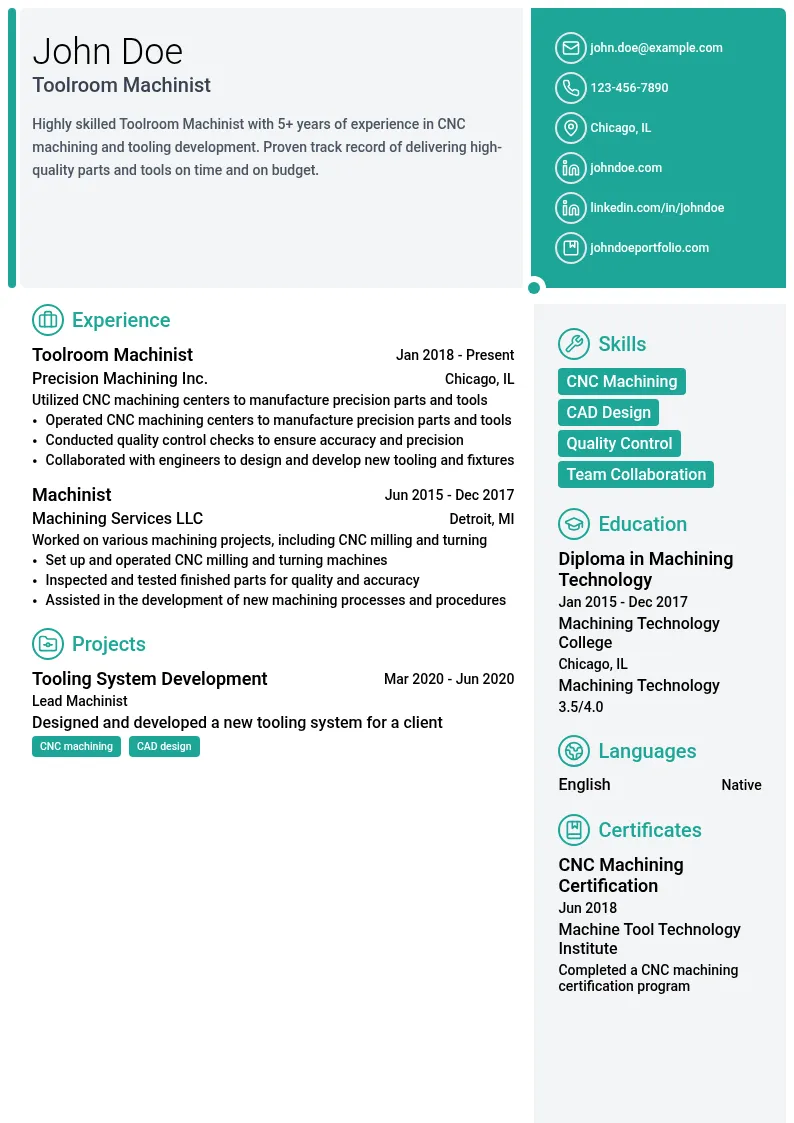 Toolroom Machinist resume example