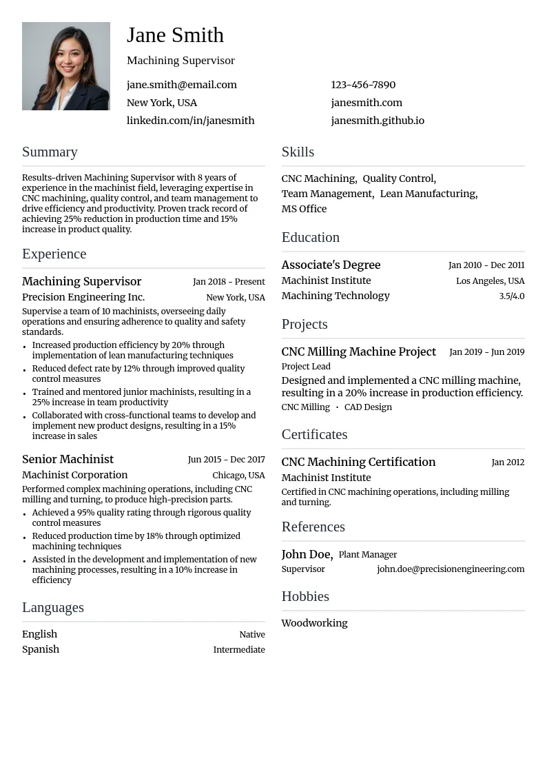 Machining Supervisor resume example