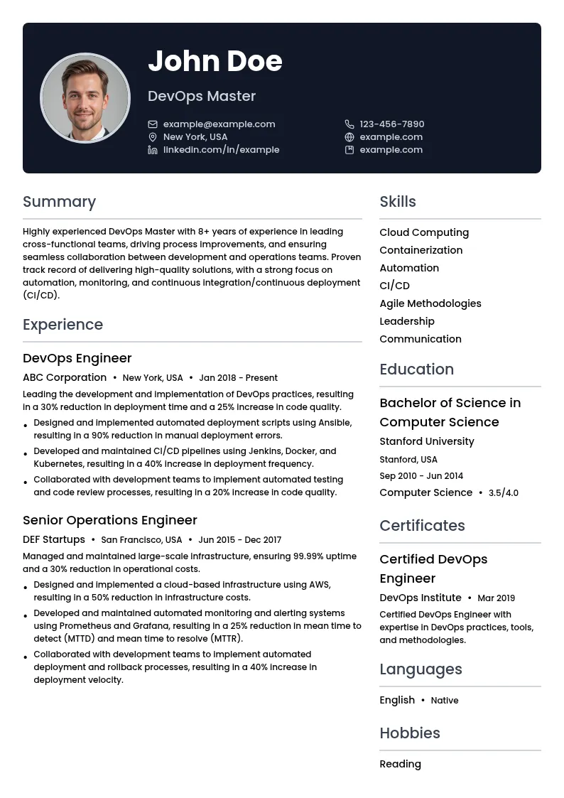 DevOps Master resume example