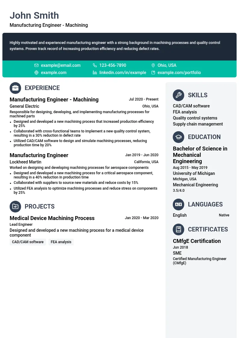 Manufacturing Engineer - Machining resume example