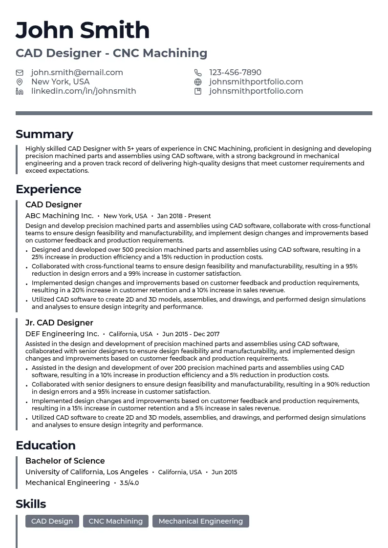CAD Designer - CNC Machining resume example