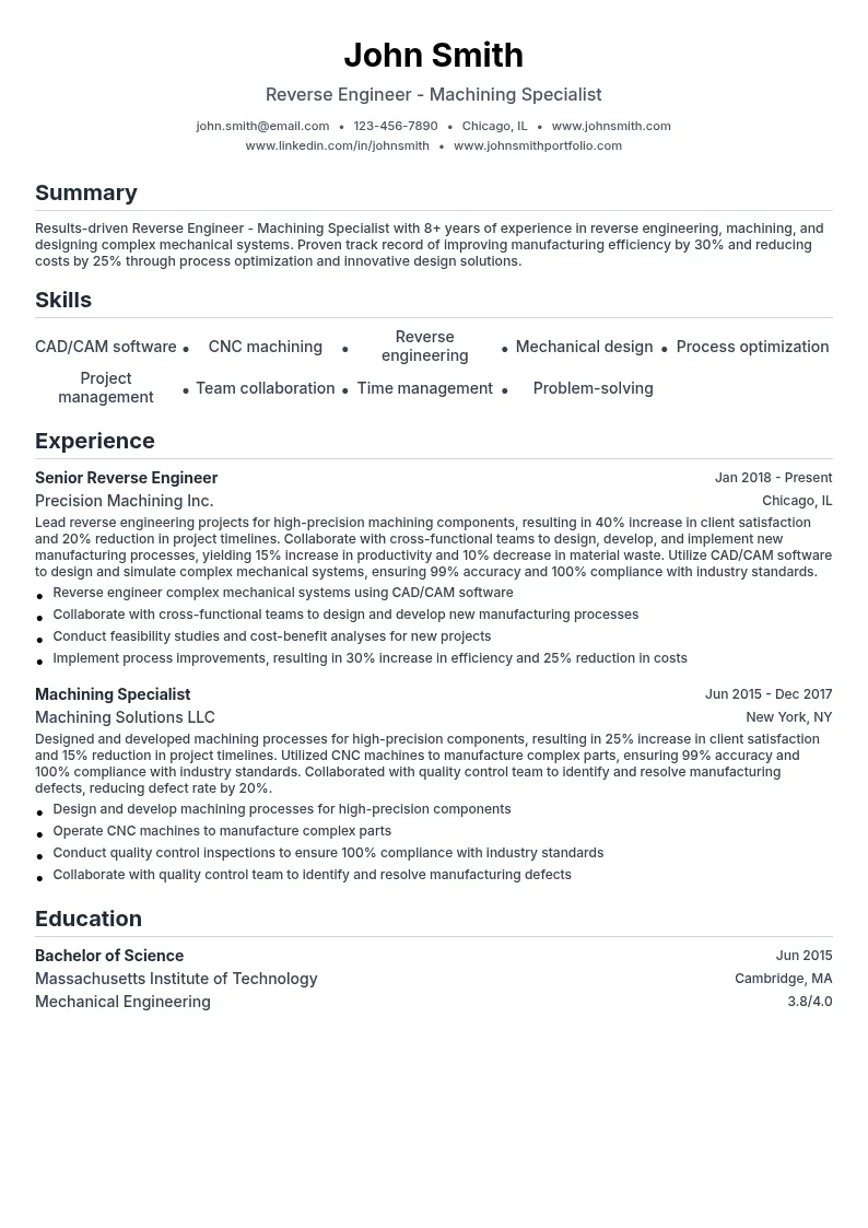 Reverse Engineer - Machining Specialist resume example
