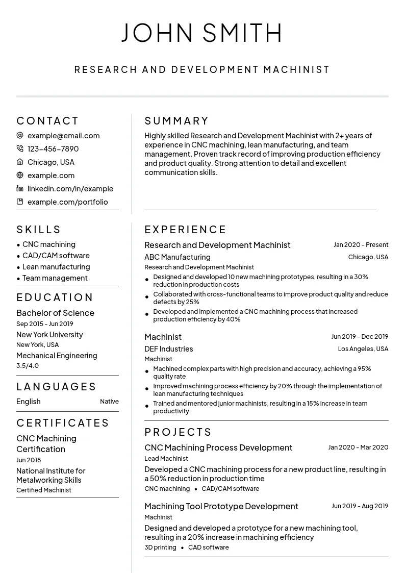 Research and Development Machinist resume example