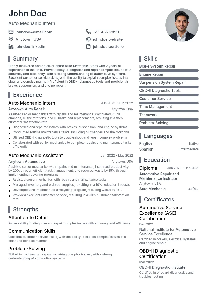 Auto Mechanic Intern resume example