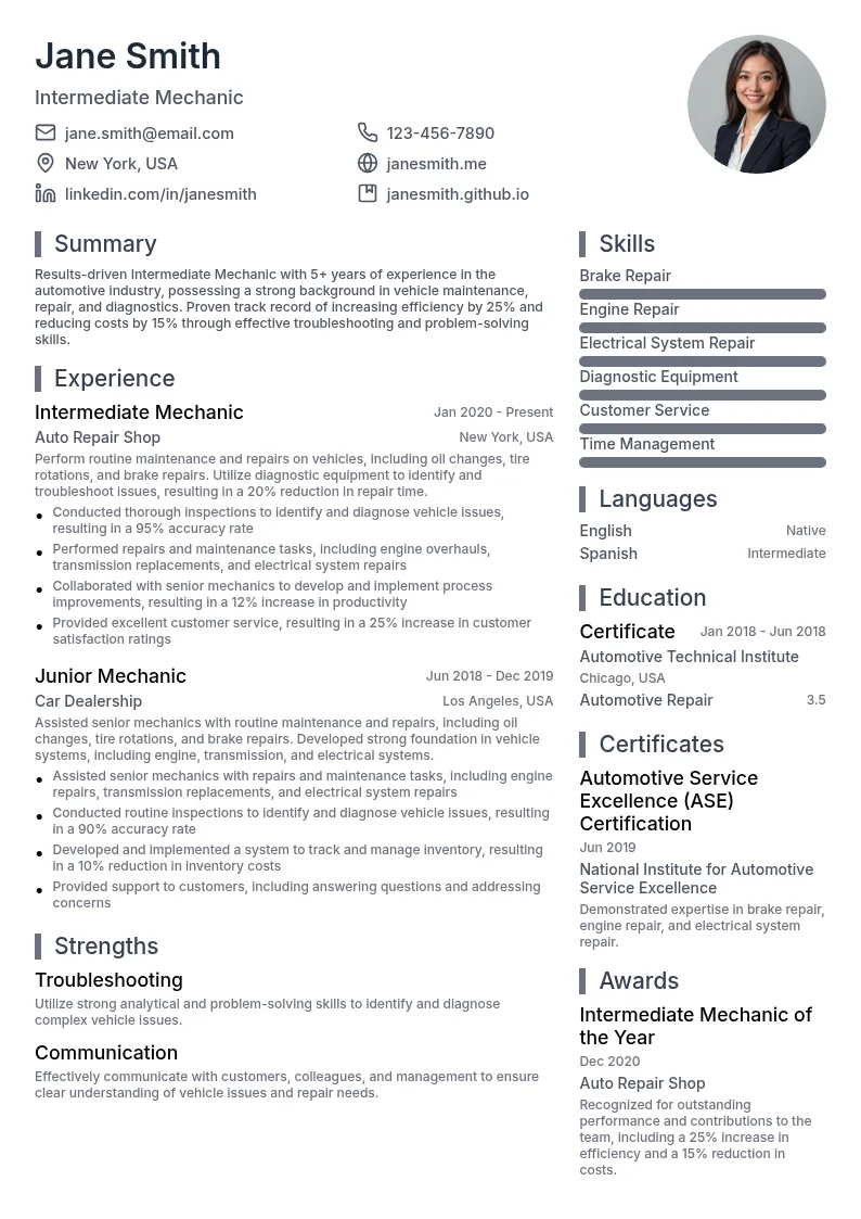Intermediate Mechanic resume example