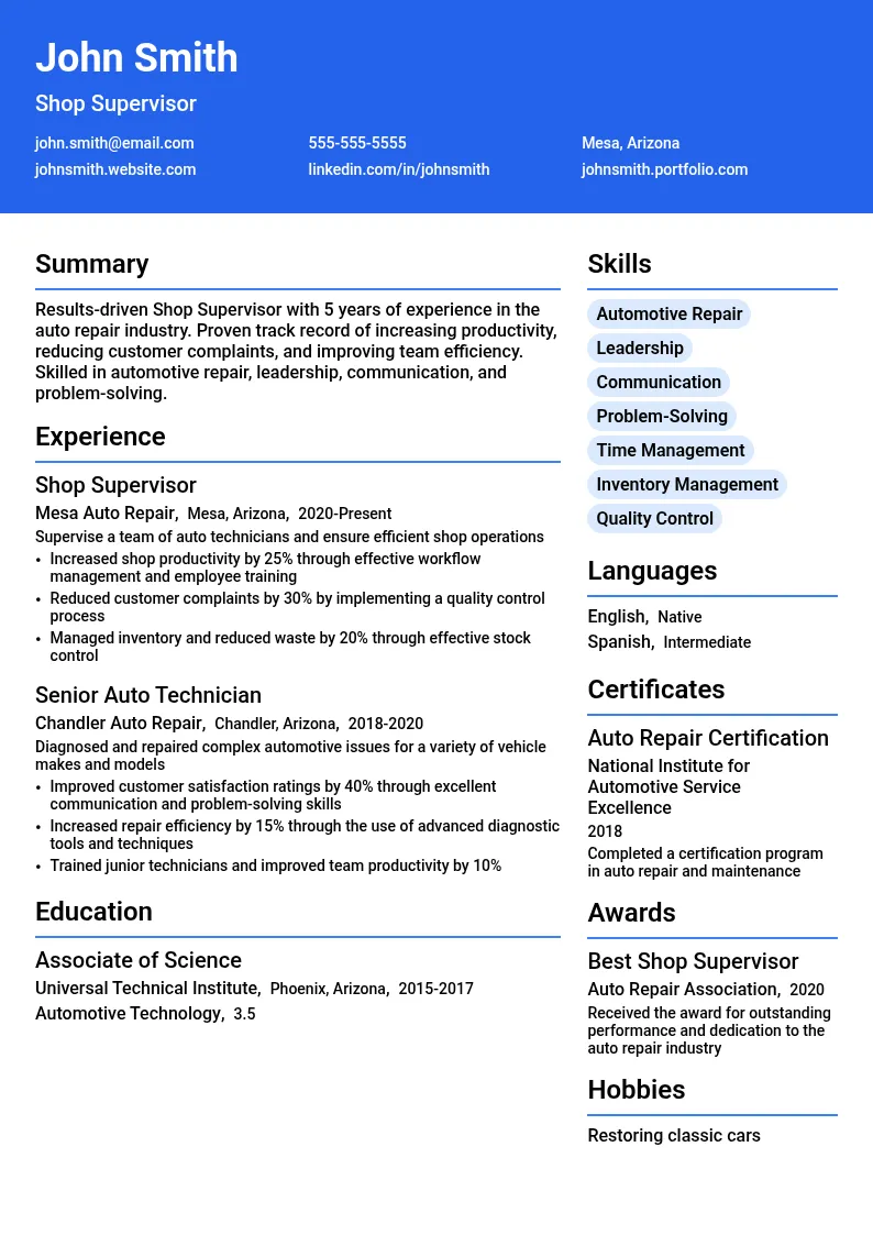 Shop Supervisor resume example