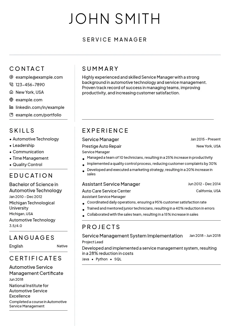Service Manager resume example