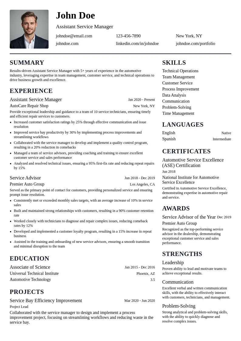 Assistant Service Manager resume example