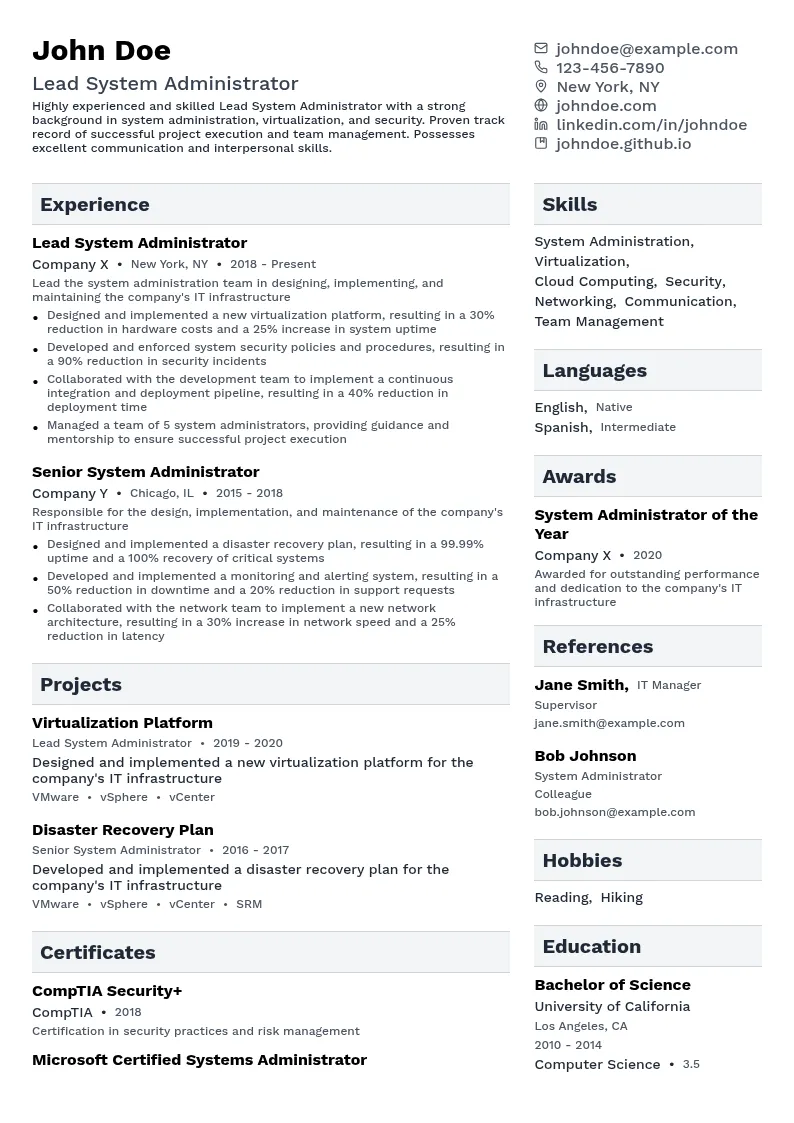 Lead System Administrator resume example