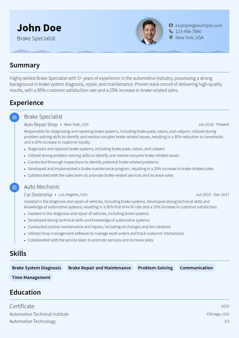 Brake Specialist resume example