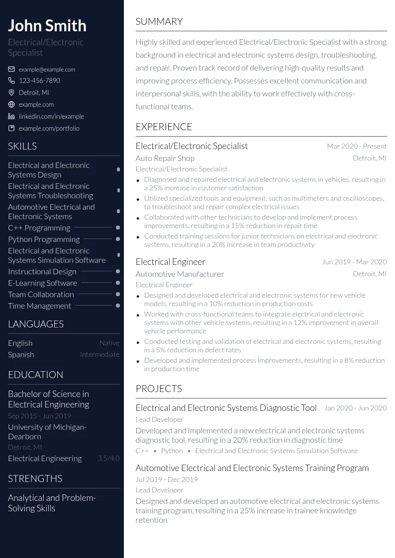 Electrical/Electronic Specialist resume example