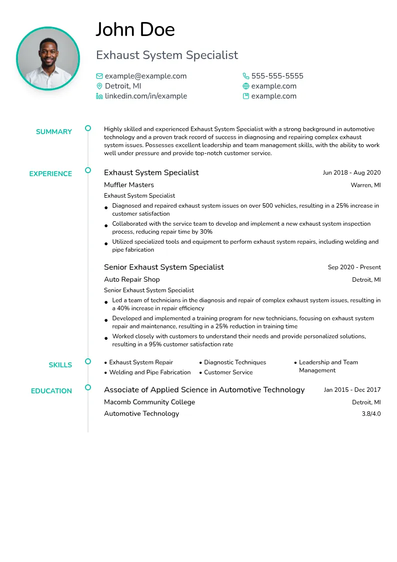 Exhaust System Specialist resume example