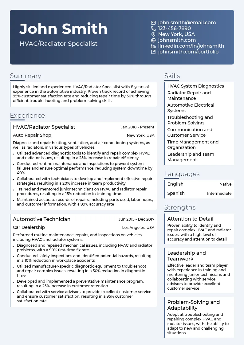 HVAC/Radiator Specialist resume example