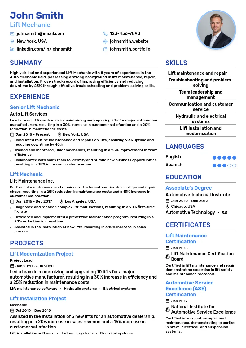 Lift Mechanic resume example