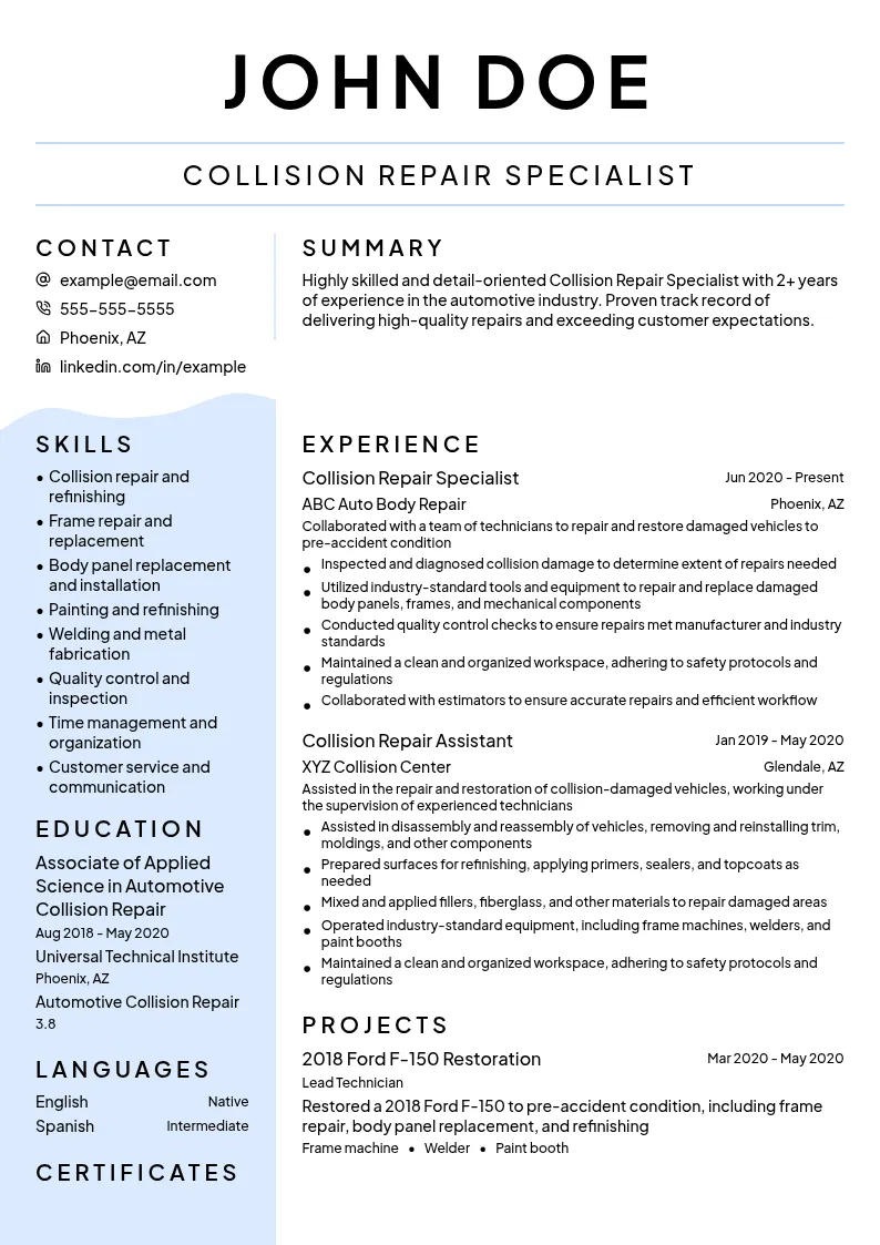 Collision Repair Specialist resume example