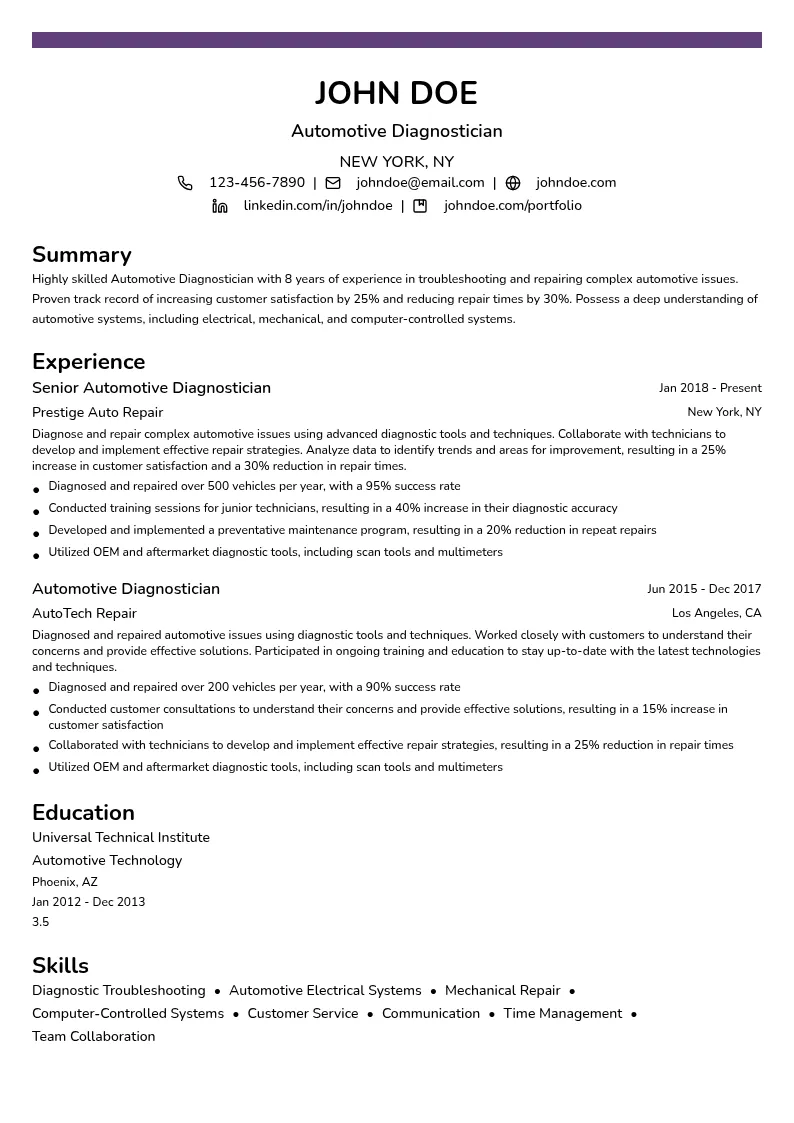 Automotive Diagnostician resume example
