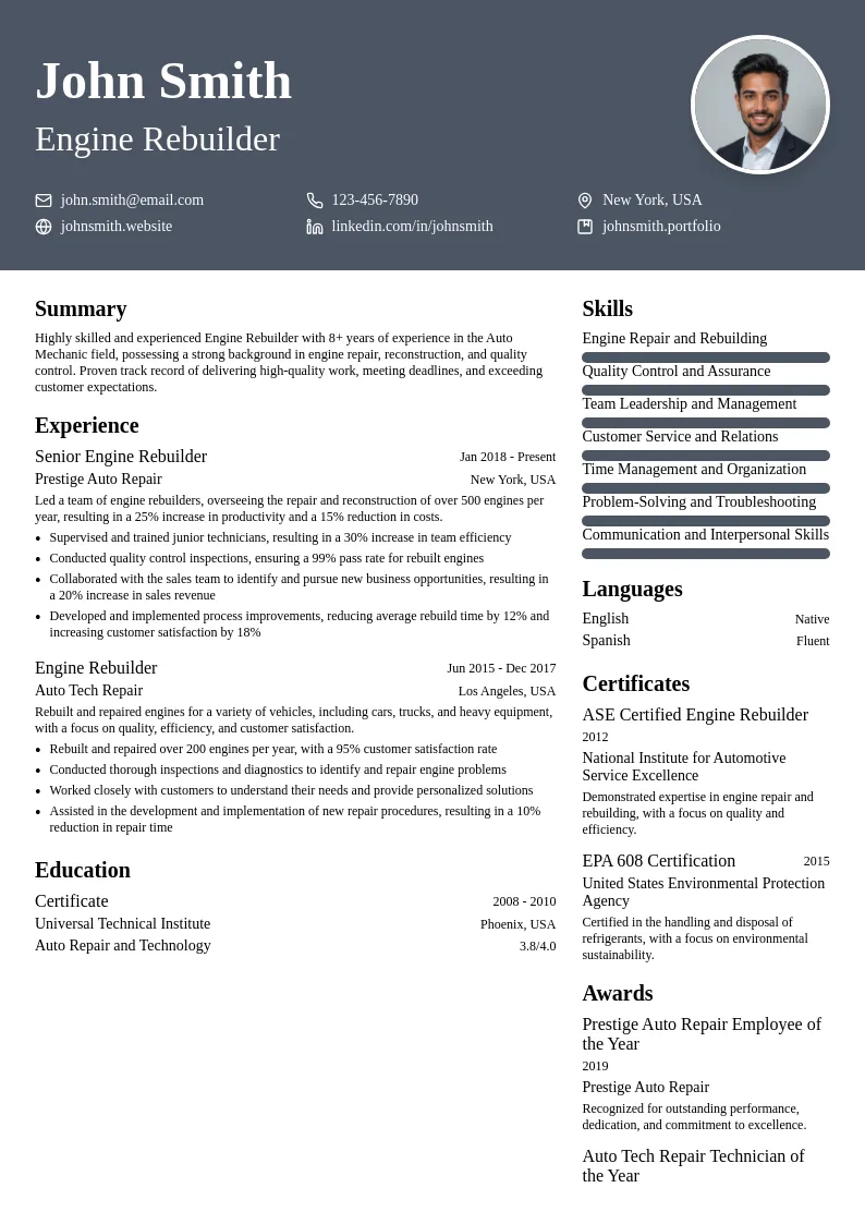 Engine Rebuilder resume example