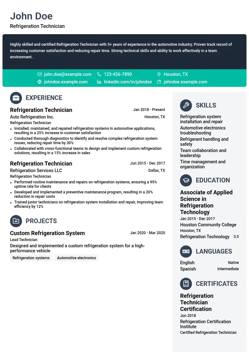 Refrigeration Technician resume example