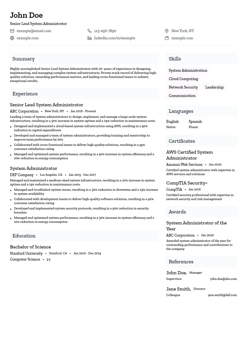 Senior Lead System Administrator resume example