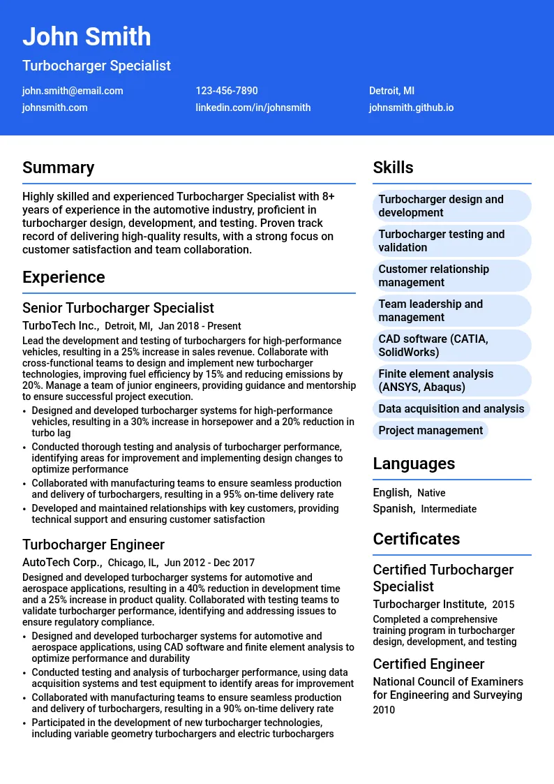 Turbocharger Specialist resume example
