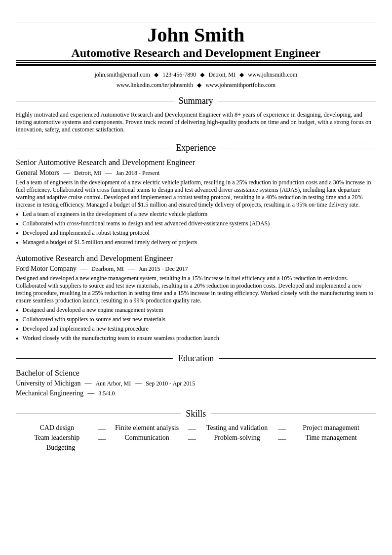 Automotive Research and Development Engineer resume example