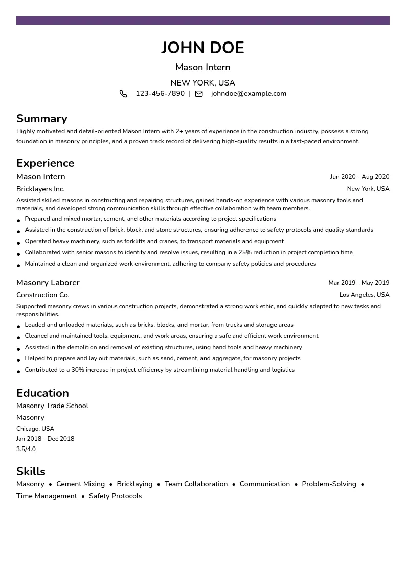 Mason Intern resume example