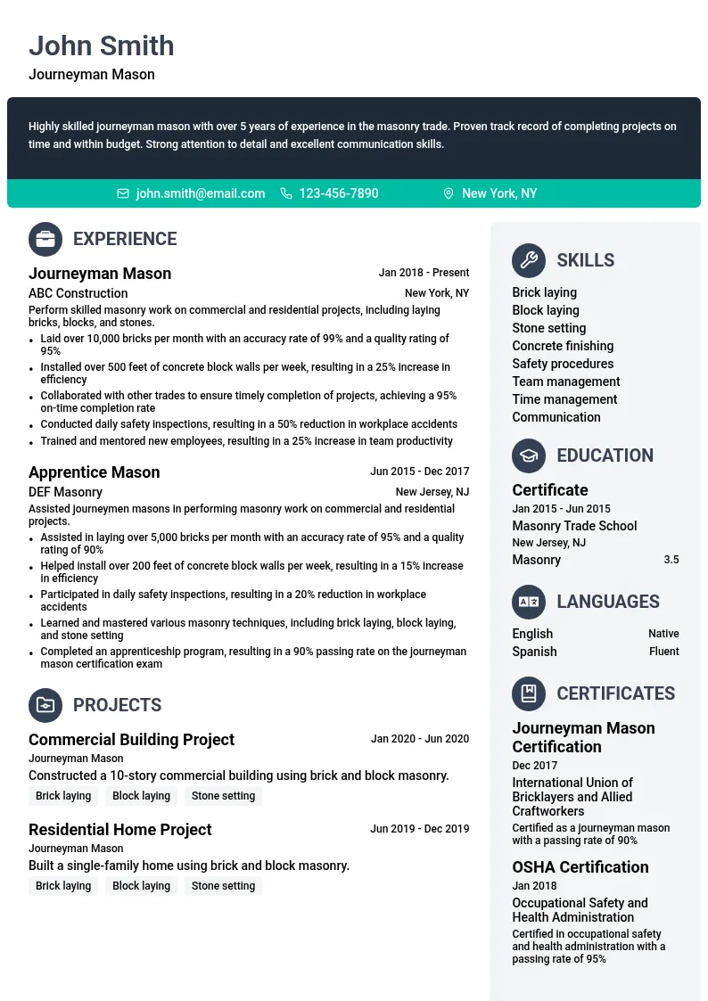 Journeyman Mason resume example