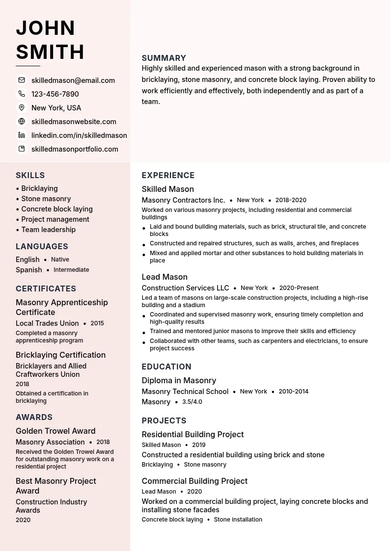 Skilled Mason resume example