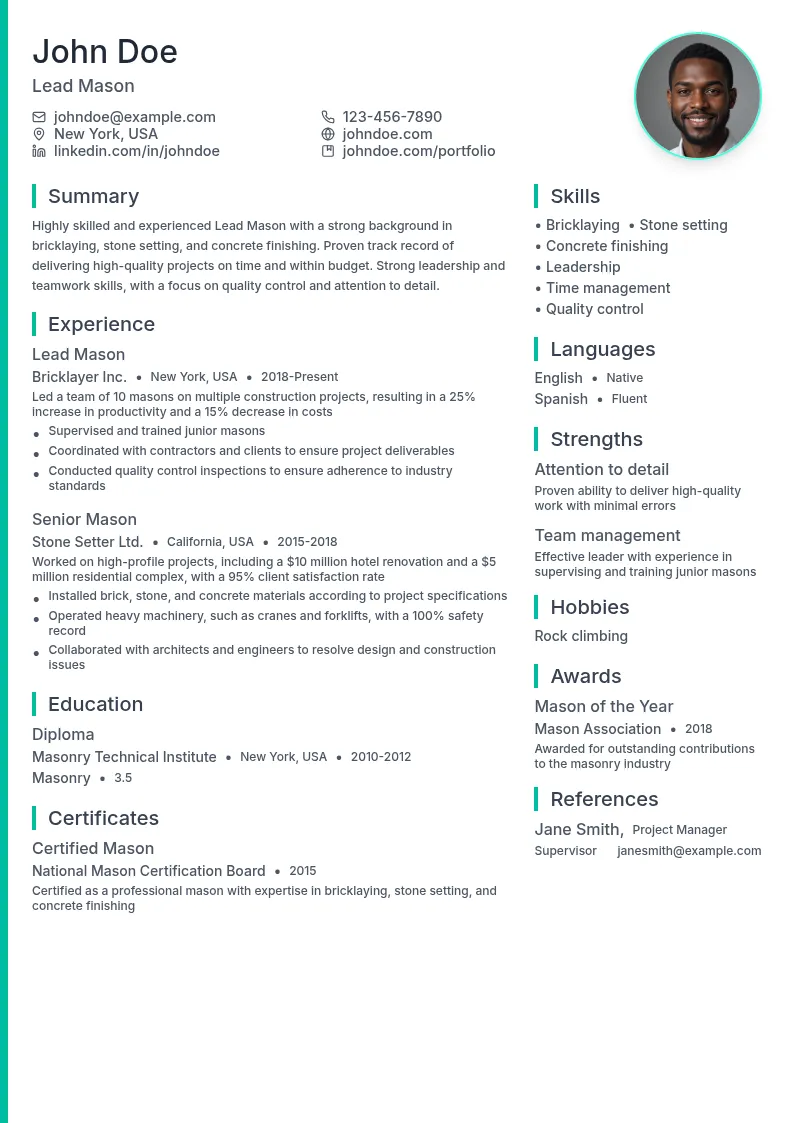 Lead Mason resume example