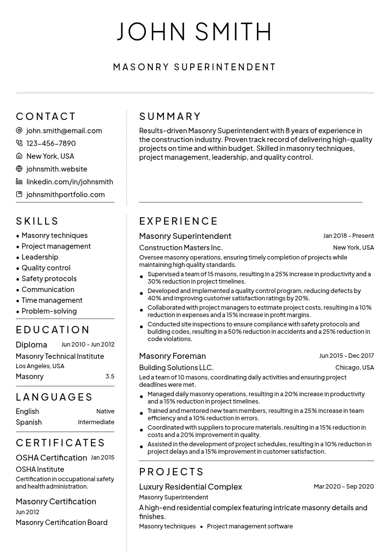 Masonry Superintendent resume example