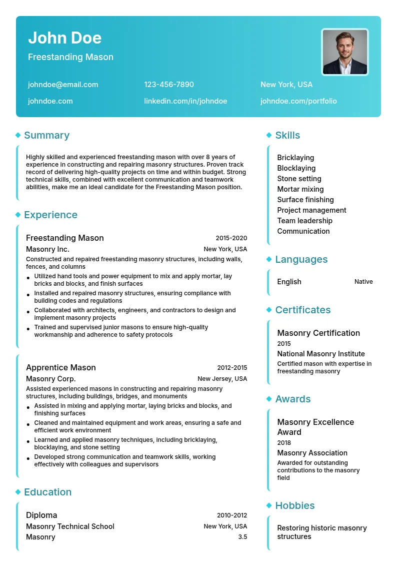 Freestanding Mason resume example
