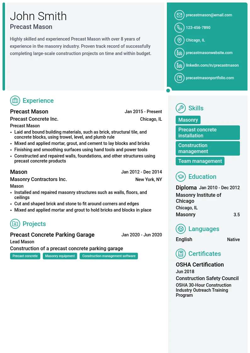 Precast Mason resume example