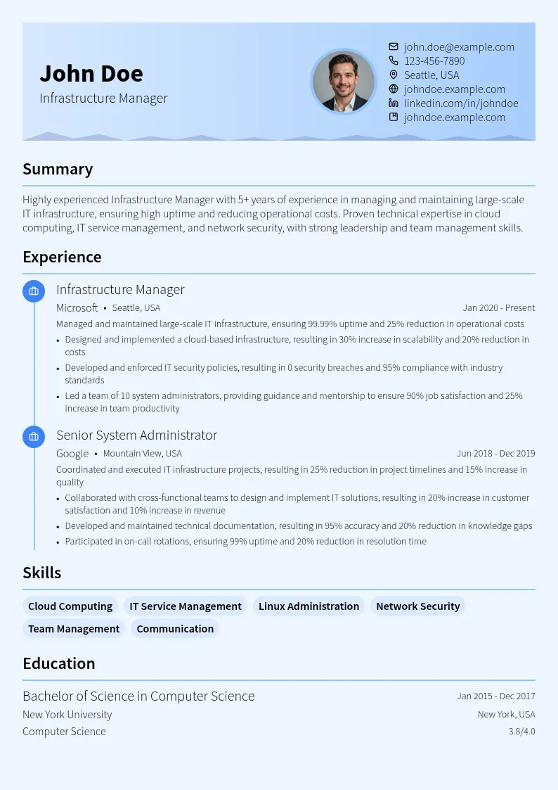 Infrastructure Manager resume example