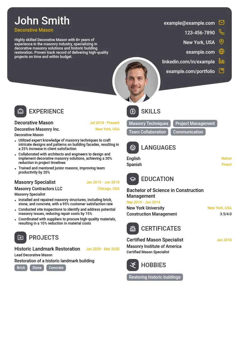 Decorative Mason resume example