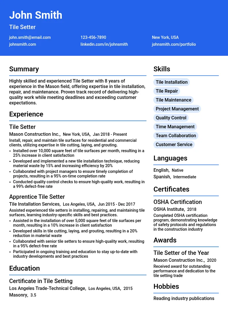 Tile Setter resume example