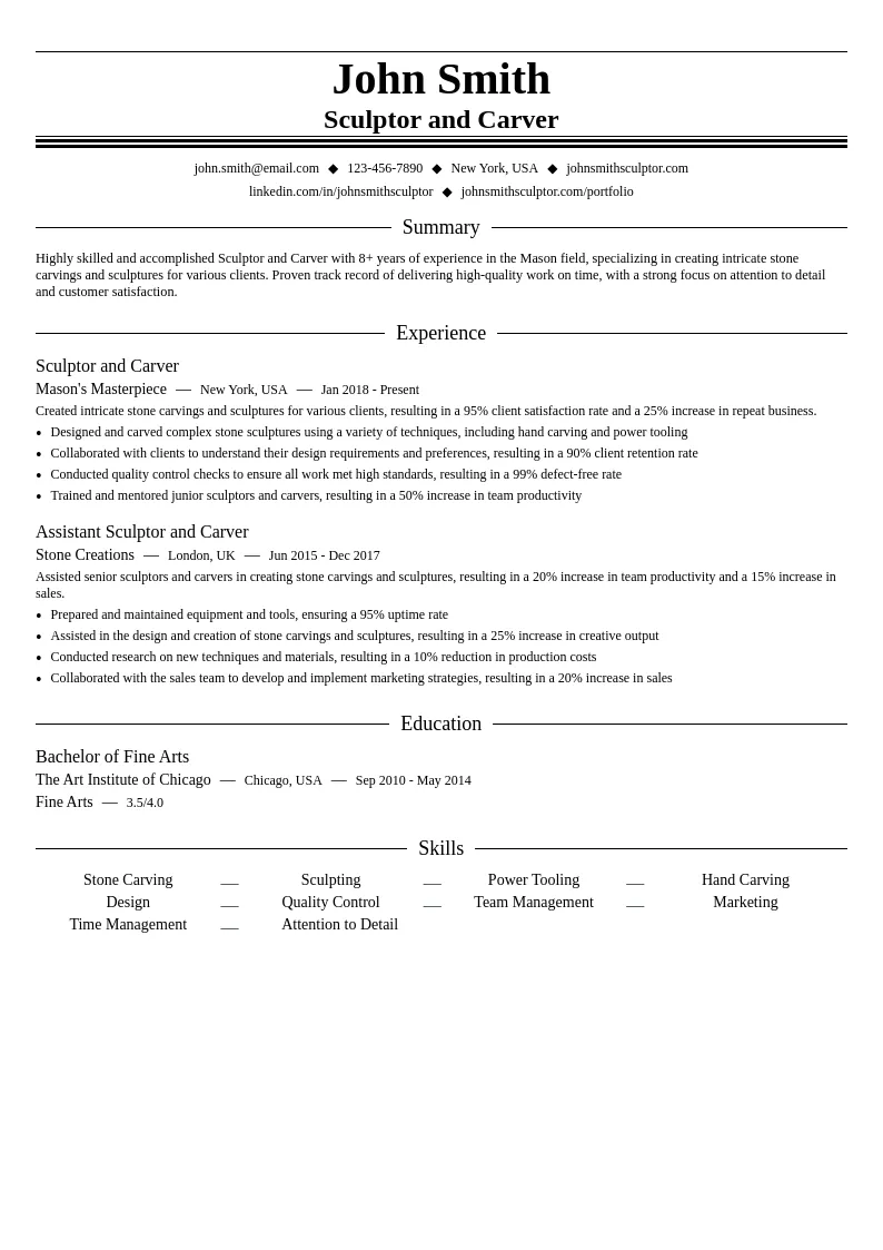 Sculptor and Carver resume example