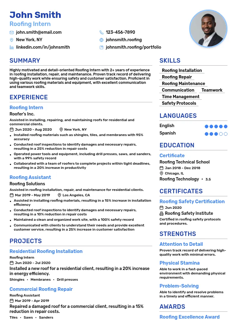 Roofing Intern resume example