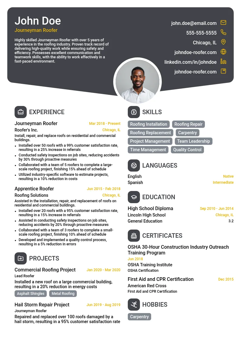 Journeyman Roofer resume example