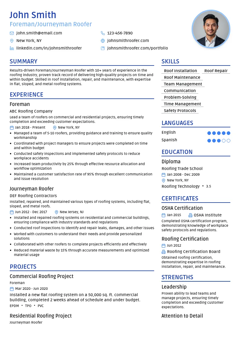 Foreman/Journeyman Rofer resume example