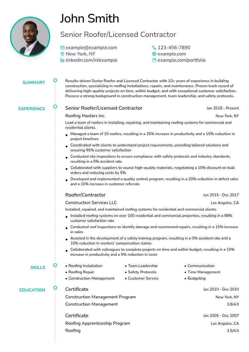 Senior Roofer/Licensed Contractor (specialization in building construction) resume example