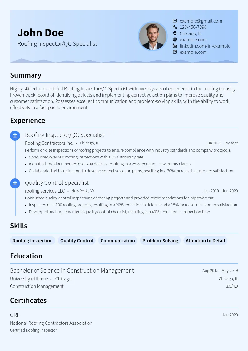 Roofing Inspector/QC Specialist resume example