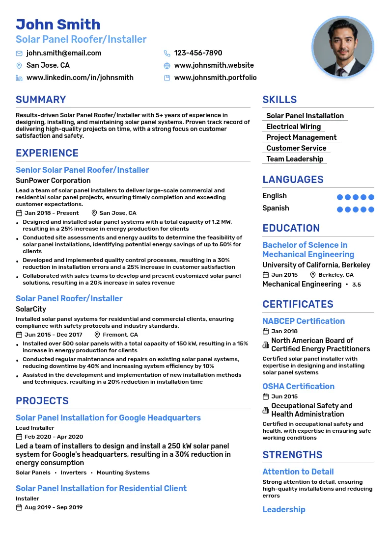 Solar Panel Roofer/Installer resume example