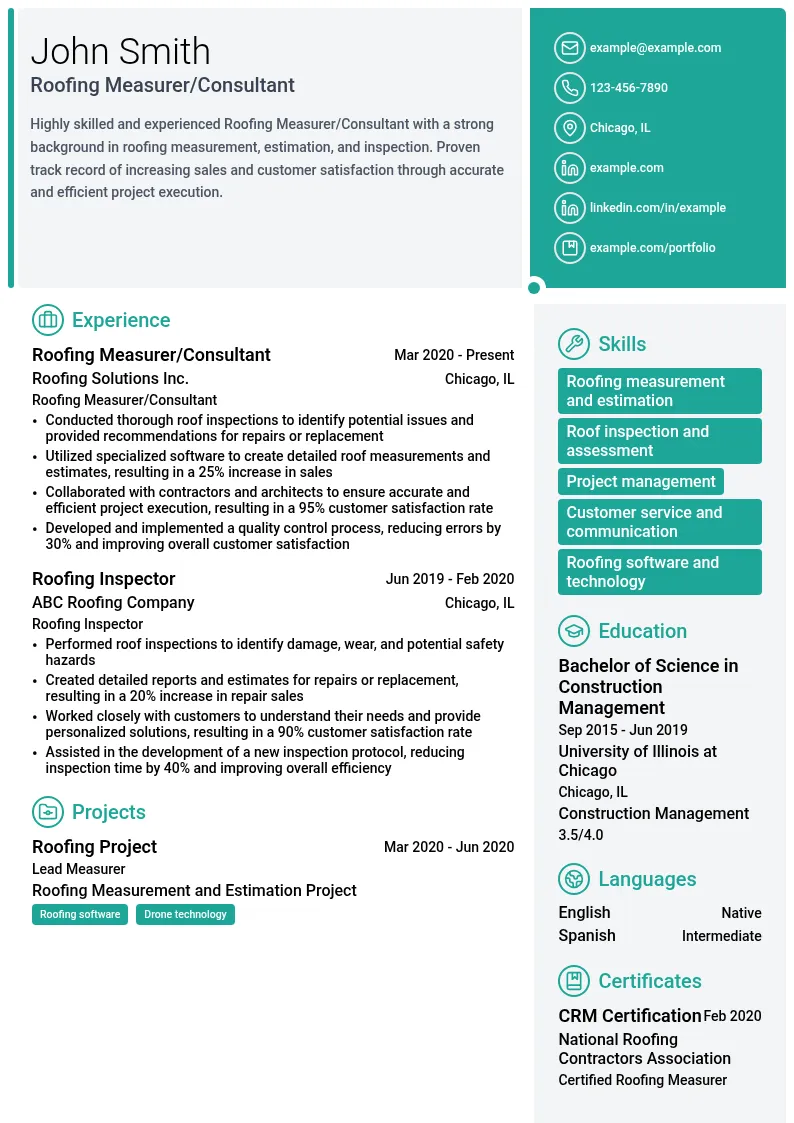 Roofing Measurer/Consultant resume example
