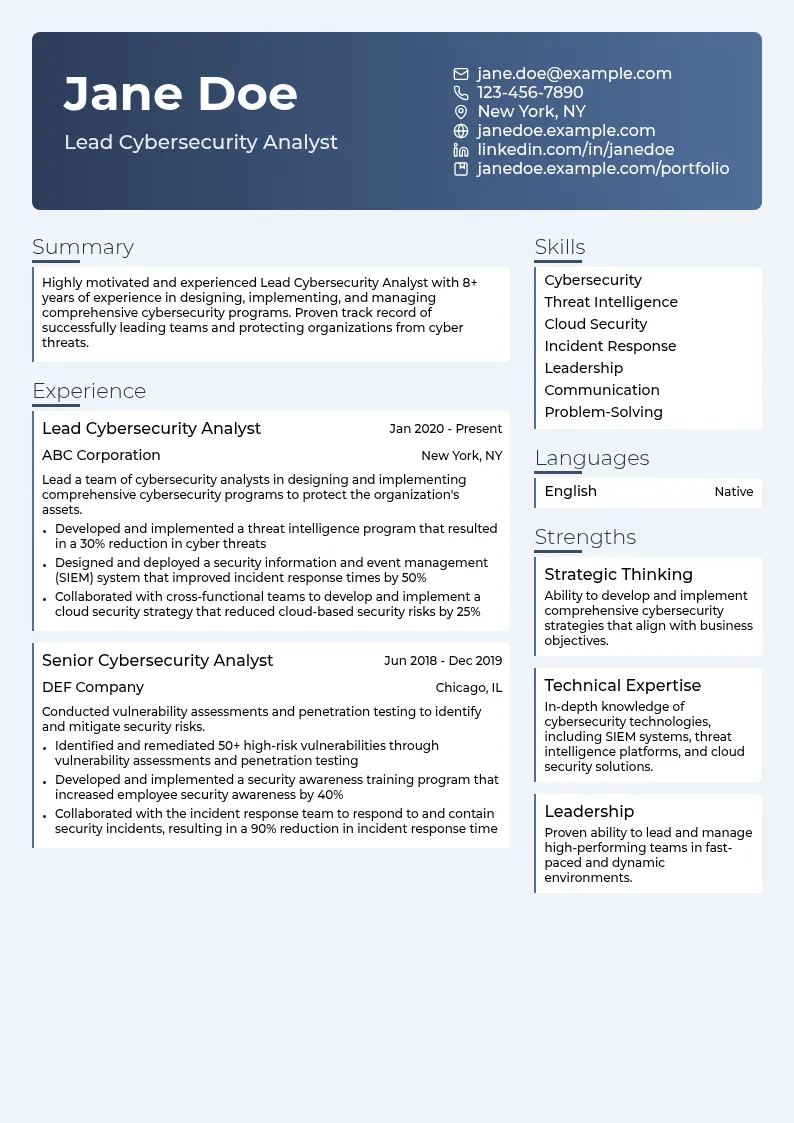 Lead Cybersecurity Analyst resume example